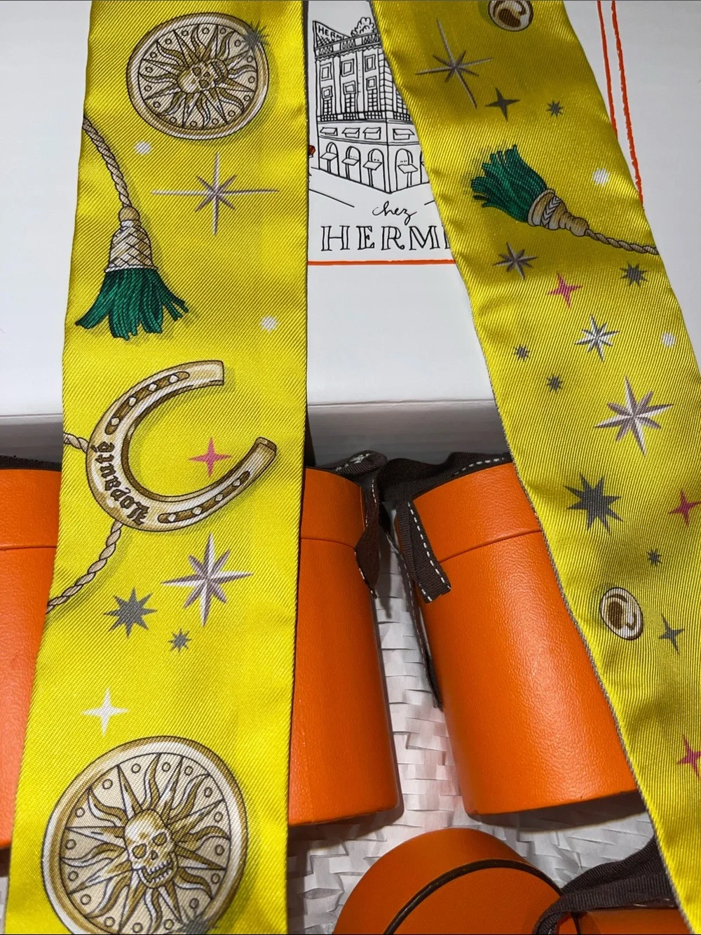 Hermés C’est La Fete Yellow & Grey Silk Twilly Scarf with Roses